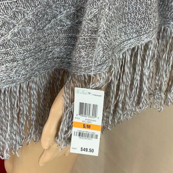 Poncho Shawl Collar Fringe Button Neck - Picture 4 of 5